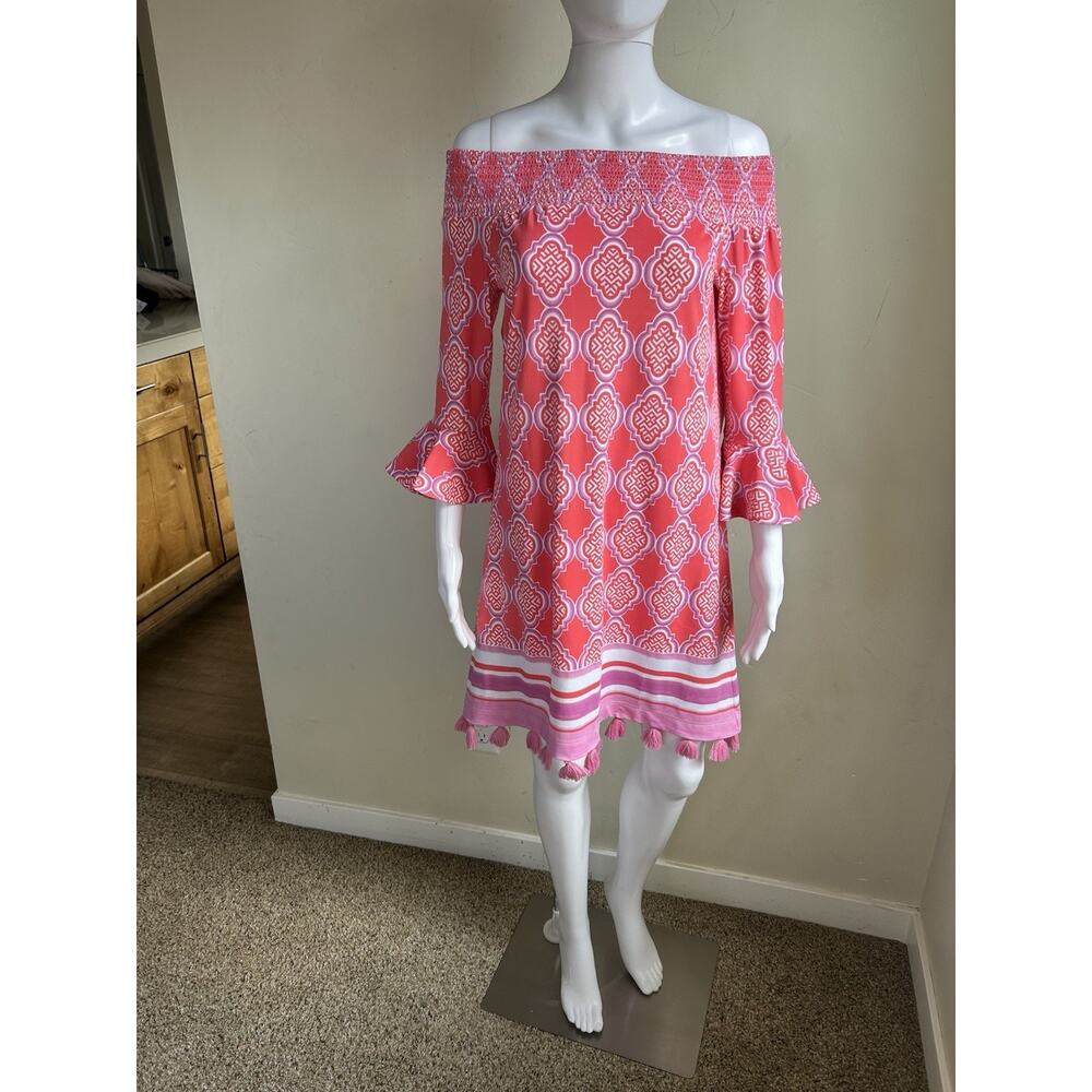 Cabana Life NWT Coral Geo Off Shoulder Tunic Dress Tassel Hem UPF 50 Beach M - Picture 12 of 12